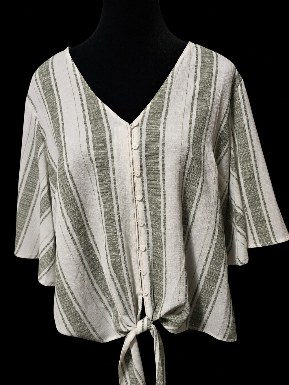 Striped Tie-Front V-Neck Top - White & Olive